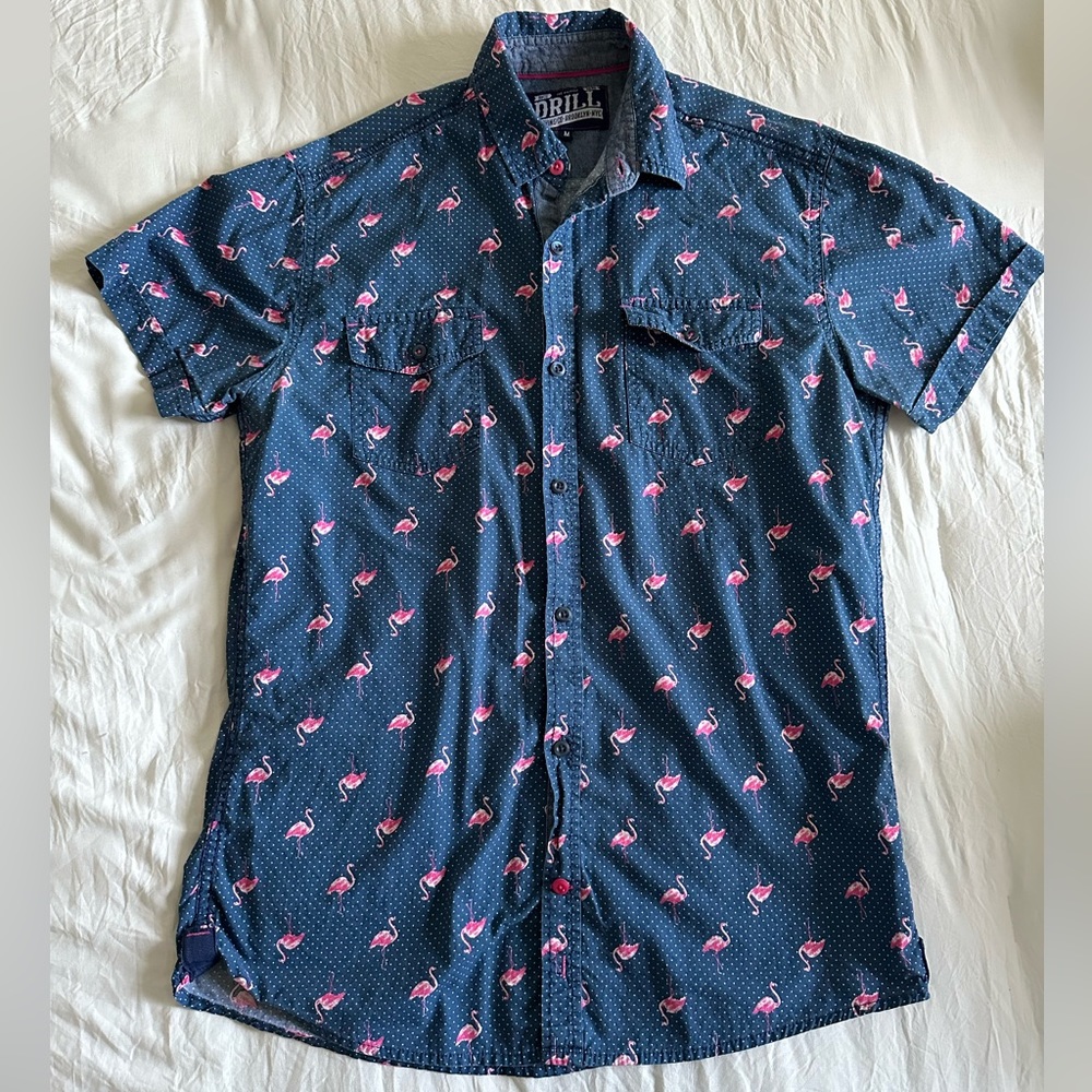 Drill Clothing Co Button Down Blue w white polka and flamingo sz M